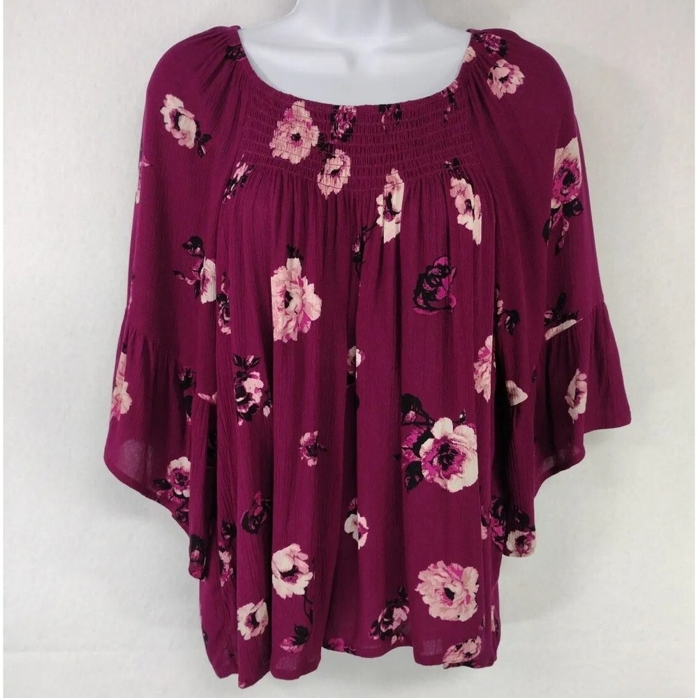 No Boundaries Womens L Blouse Plum Floral Flounce Sleeve Smocked Boho Top